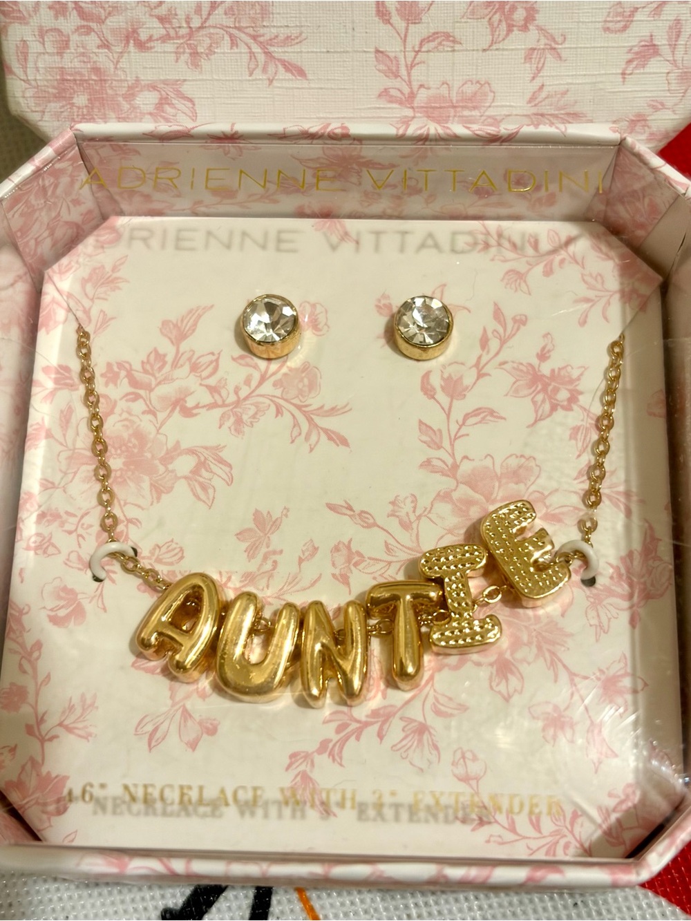 Adrienne Vittadini Gold-tone "AUNTIE" Name Necklace with Crystal Stud Earrings